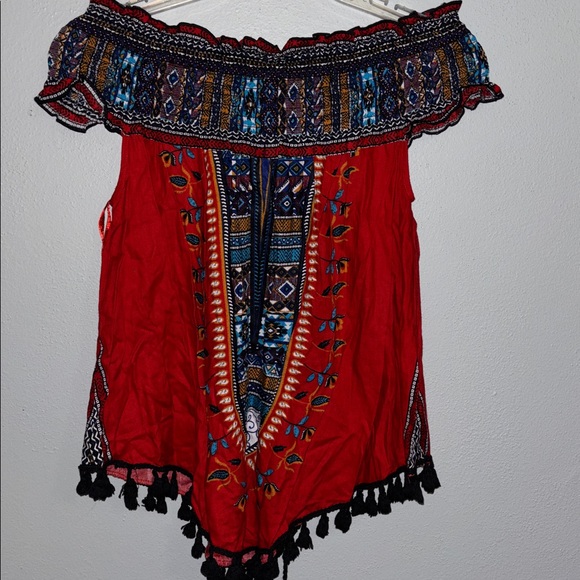 Vibrant Red Embroidered Off-Shoulder Blouse - Picture 7 of 9